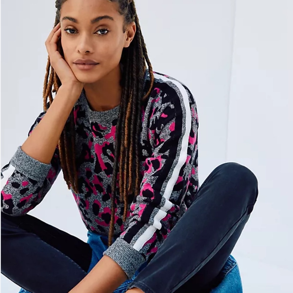 Michael Stars Macy Sweater Pink Black Leopard Crew Neck Varsity Stripe Small